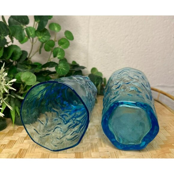 VTG Lido Milano Aquamarine Juice Glasses, Retro Cool Crinkle Ocean Blue Set of 2 - Picture 5 of 6